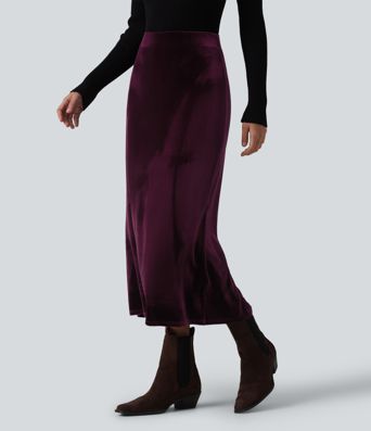 High Waisted Velvet Midi Work Skirt
