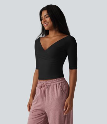 Haut casual col V croisé manches mi-longues coupe ultra-ajustée toucher frais UPF50+