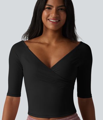 Haut casual col V croisé manches mi-longues coupe ultra-ajustée toucher frais UPF50+
