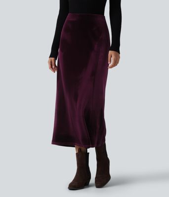 High Waisted Velvet Midi Work Skirt