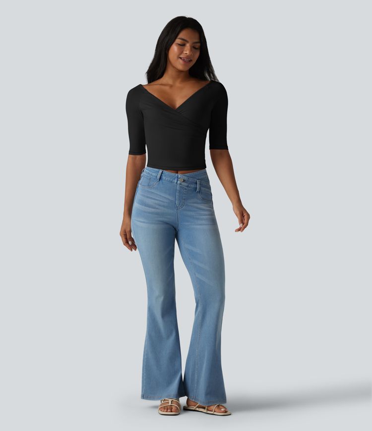 Haut casual col V croisé manches mi-longues coupe ultra-ajustée toucher frais UPF50+