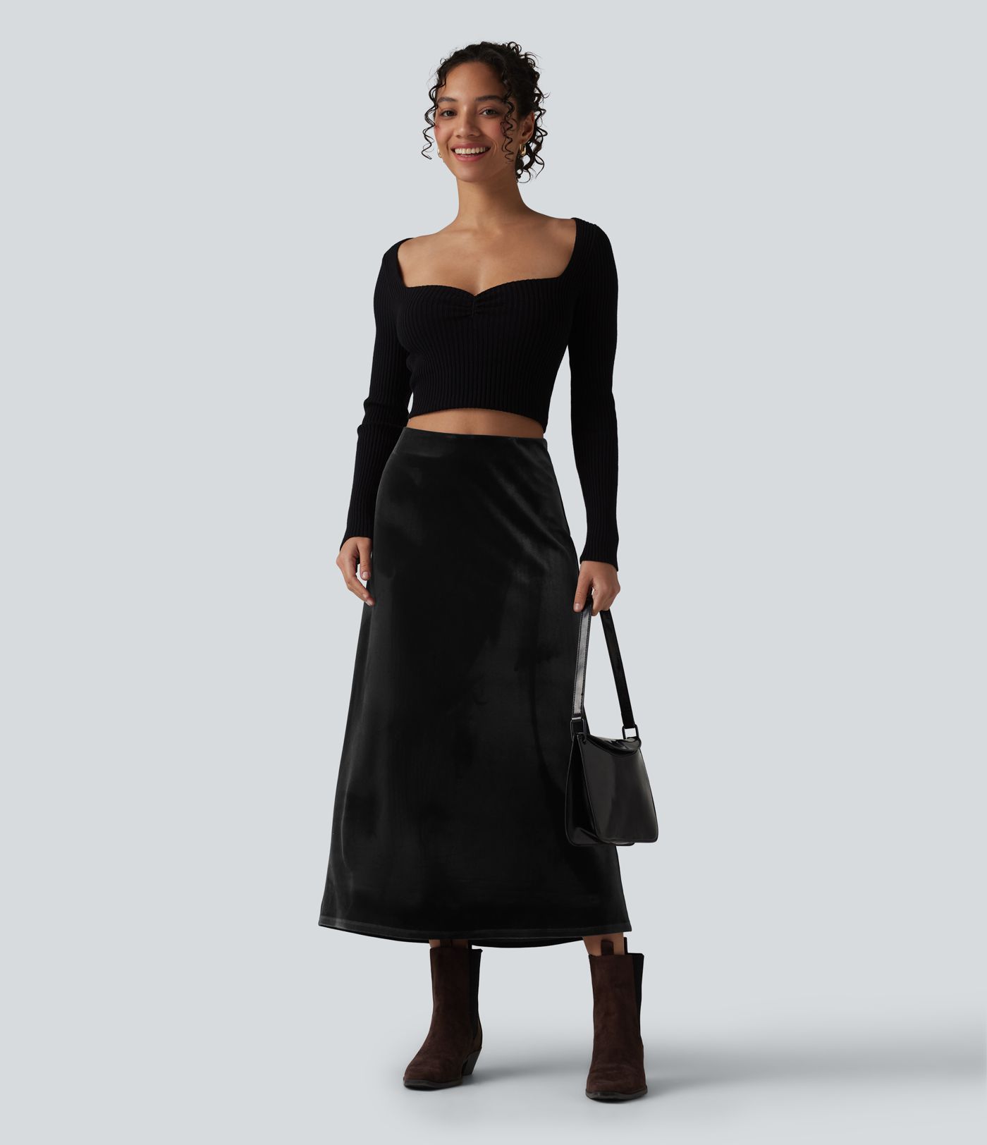 High Waisted Velvet Midi Work Skirt