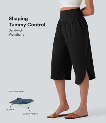Breezeful™ High Waisted Tummy Control Hem Quick Dry Capri Pants with Pockets