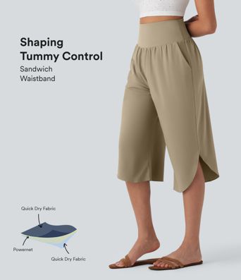Breezeful™ High Waisted Tummy Control Hem Quick Dry Capri Pants with Pockets