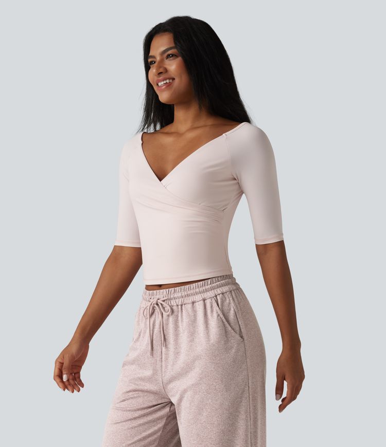 Crossover V-neck Half Sleeve Ultra-slim Fit Cool Touch Casual Top-UPF50+