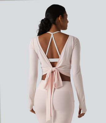 Long Sleeve Crossover Tie Cool Touch Yoga Top-UPF50+