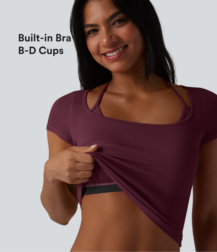 Ribbed Halter Tie Back Built-in Bra Short Sleeve Cropped Casual T-Shirt Ribbed Halter Tie Back Built-in Bra Short Sleeve Cropped Casual T-Shirt
