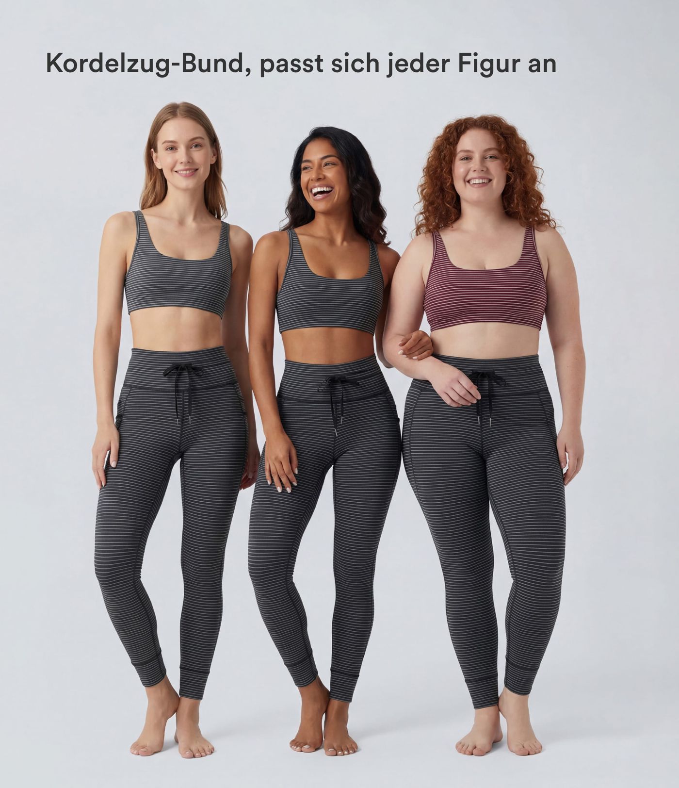 Gestreifte Yoga-Leggings mit hohem Bund, Seitentaschen und Kordelzug