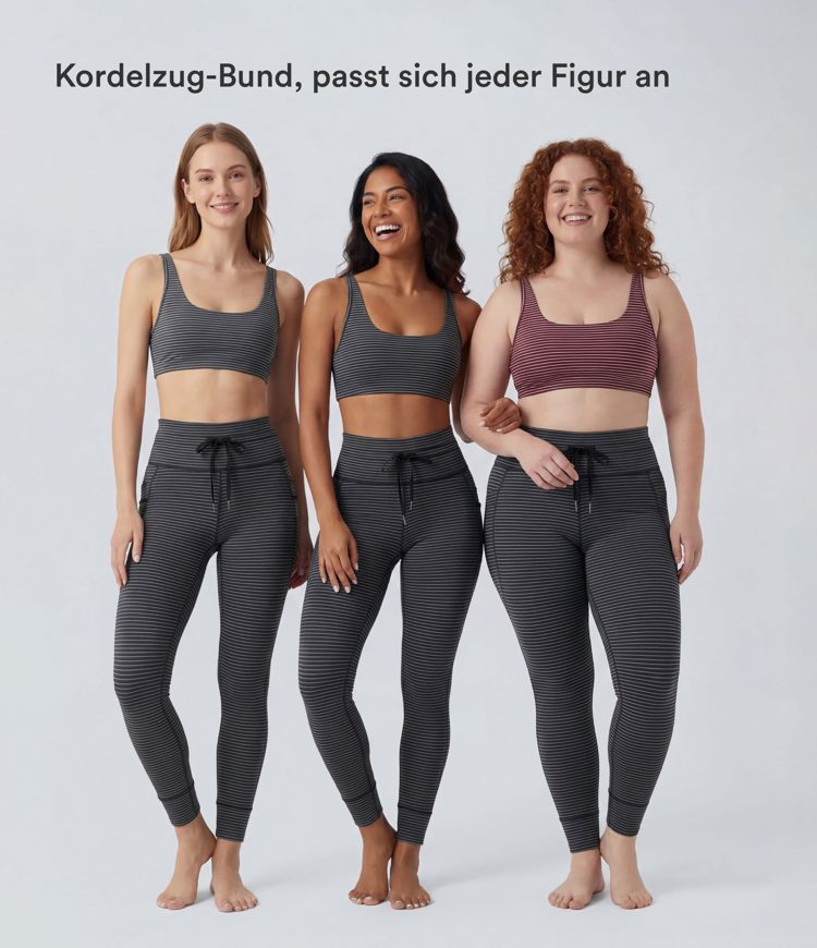 Gestreifte Yoga-Leggings mit hohem Bund, Seitentaschen und Kordelzug