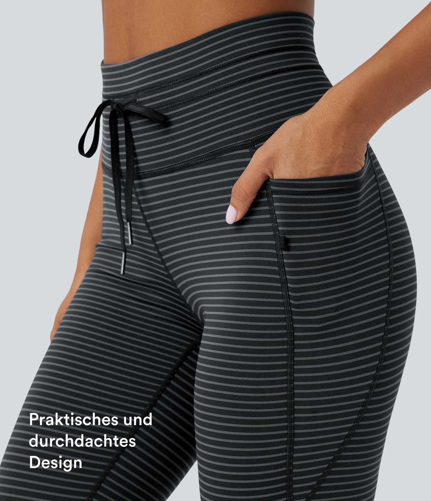 Gestreifte Yoga-Leggings mit hohem Bund, Seitentaschen und Kordelzug