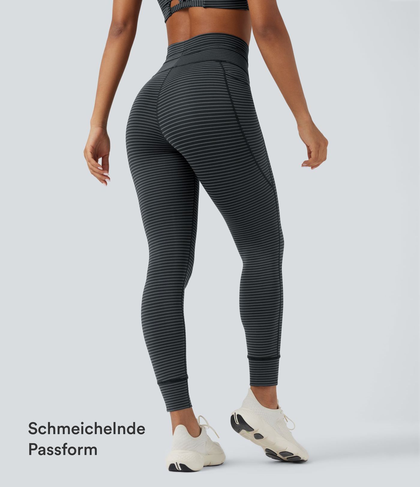 Gestreifte Yoga-Leggings mit hohem Bund, Seitentaschen und Kordelzug