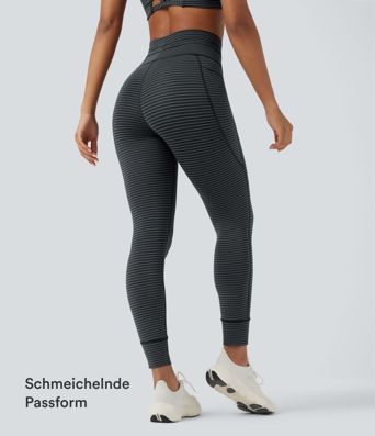 Gestreifte Yoga-Leggings mit hohem Bund, Seitentaschen und Kordelzug