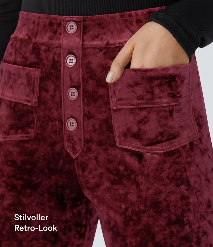  Freizeithose aus Samt mit hohem Bund, Kopfleiste, mehrere Taschen und gerades Bein