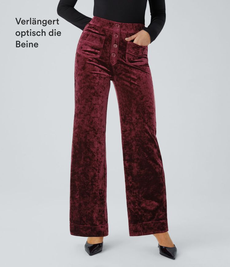  Freizeithose aus Samt mit hohem Bund, Kopfleiste, mehrere Taschen und gerades Bein