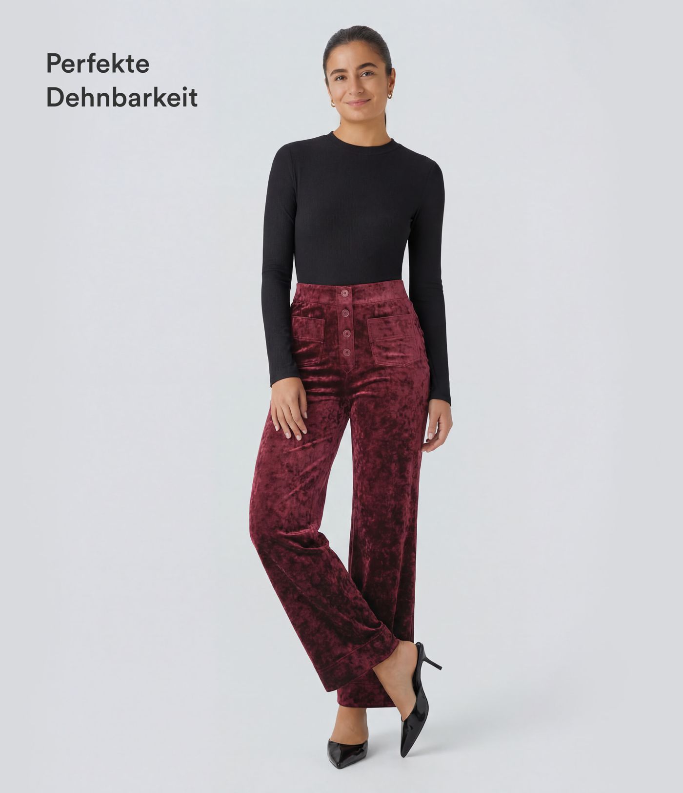  Freizeithose aus Samt mit hohem Bund, Kopfleiste, mehrere Taschen und gerades Bein