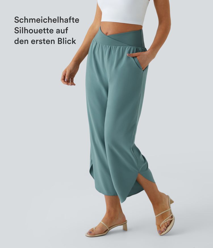 Breezeful™ Plissierte Crossover-Urlaubs-Hose mit hohem Bund und Seitentaschen - schnelltrocknend