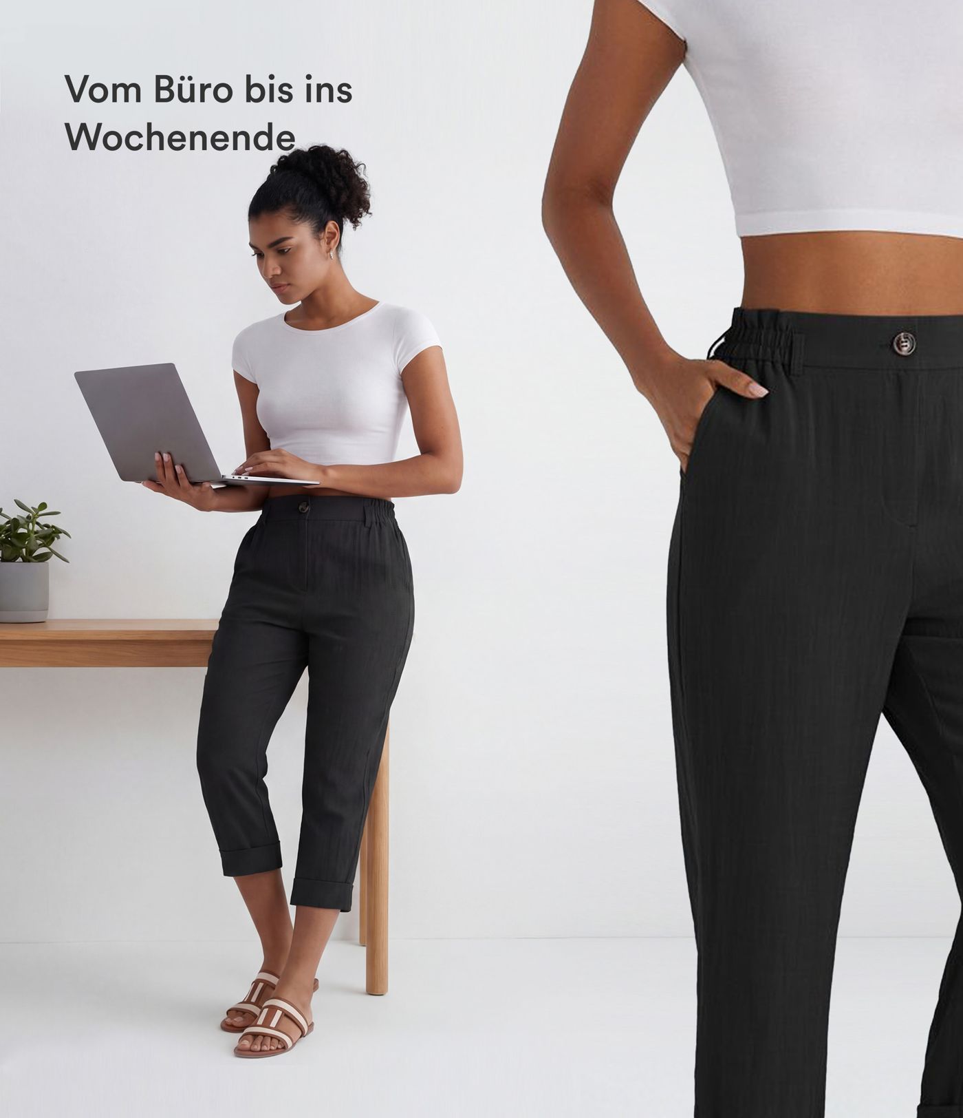 Capri-Hose mit hohem Bund und Seitentaschen - leinenähnliches Material