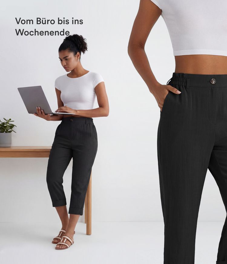 Capri-Hose mit hohem Bund und Seitentaschen - leinenähnliches Material