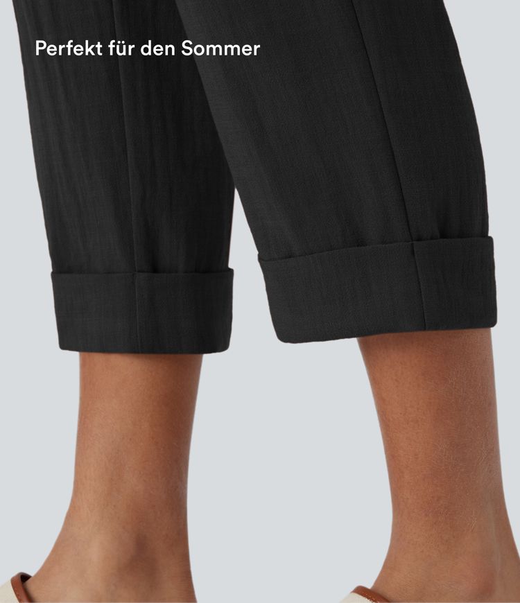 Capri-Hose mit hohem Bund und Seitentaschen - leinenähnliches Material