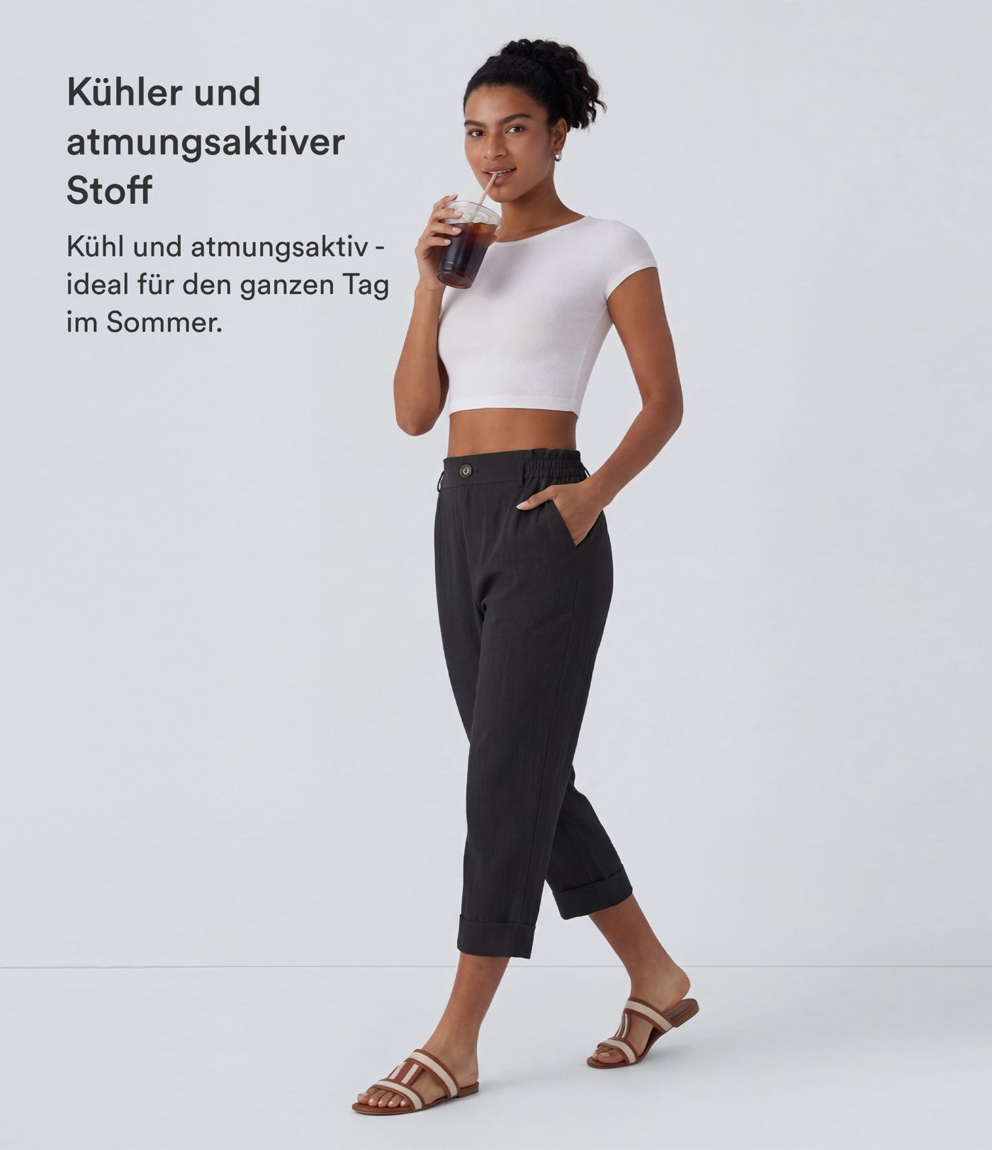 Capri-Hose mit hohem Bund und Seitentaschen - leinenähnliches Material