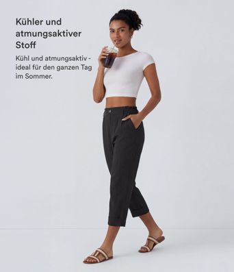 Capri-Hose mit hohem Bund und Seitentaschen - leinenähnliches Material