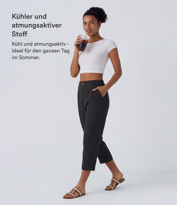 Capri-Hose mit hohem Bund und Seitentaschen - leinenähnliches Material
