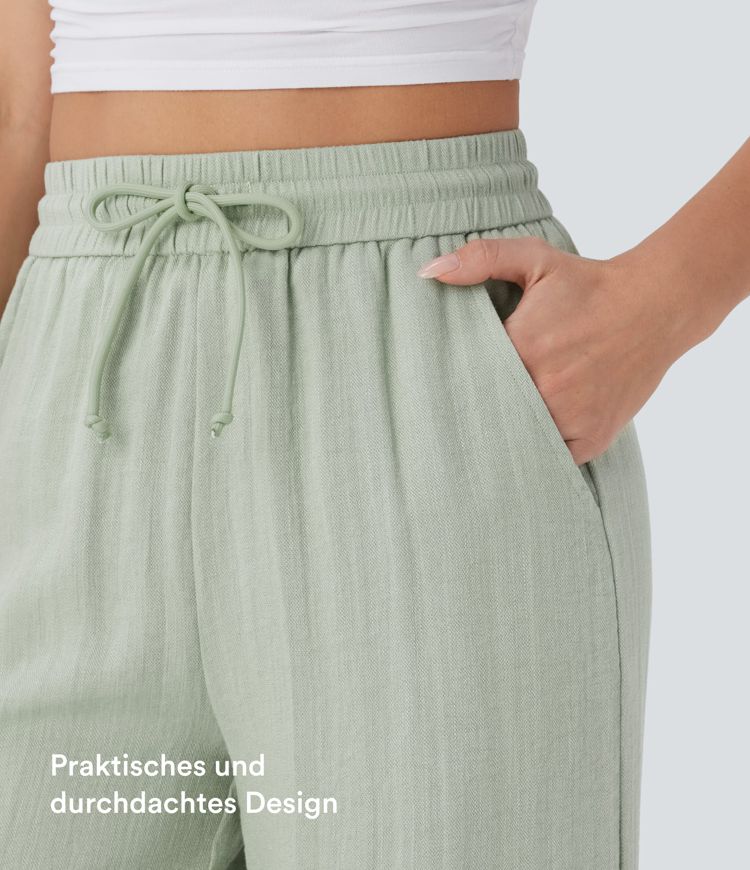 Lässige Hose mit Leinengefühl, hoher Taille, Kordelzug an der Seite und weitem Bein