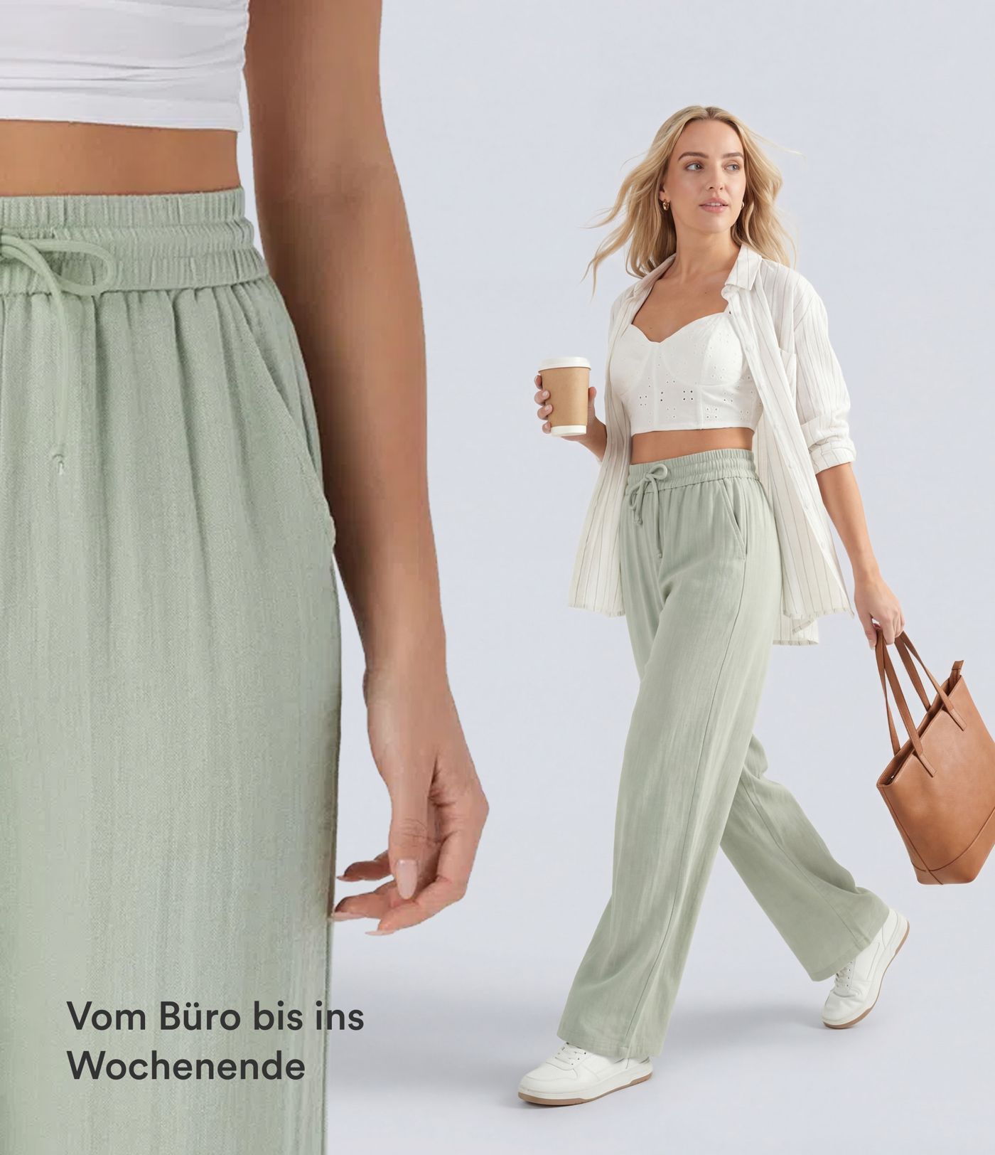 Lässige Hose mit Leinengefühl, hoher Taille, Kordelzug an der Seite und weitem Bein