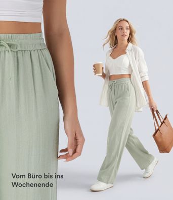 Lässige Hose mit Leinengefühl, hoher Taille, Kordelzug an der Seite und weitem Bein