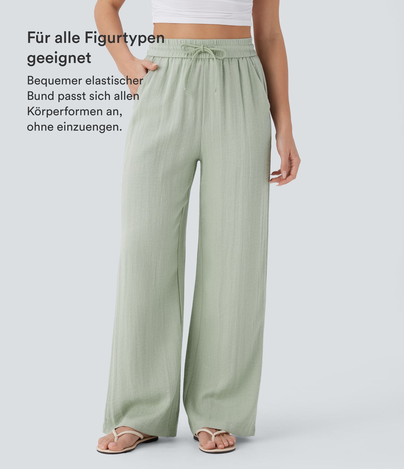 Lässige Hose mit Leinengefühl, hoher Taille, Kordelzug an der Seite und weitem Bein