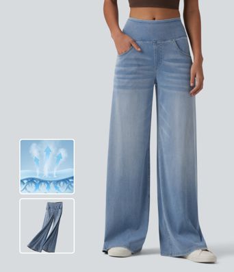 Halara Flex™ Mid Rise Draped Lyocell Washed Casual Baggy Wide Leg Jeans with Pockets