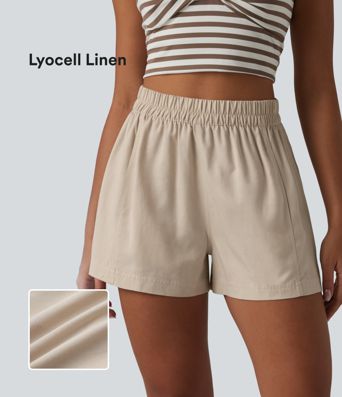 High Waisted Lyocell Linen-Blend Casual Baggy Shorts with Pockets