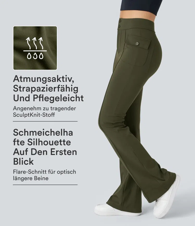 Forest Night Lässige Cargohose mit hoher Taille, Knöpfe und Pattentasche / 1