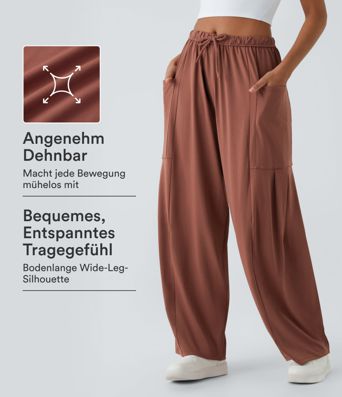Palazzo Flowy Hose mit weitem Bein, mittelhohem elastischem Bund, Kordelzug und Seitentaschen