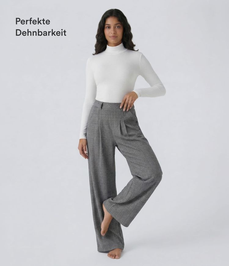 Lässige Hose mit hohem Bund, Seitentaschen, Karomuster und weitem Bein