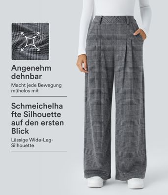 Lässige Hose mit hohem Bund, Seitentaschen, Karomuster und weitem Bein