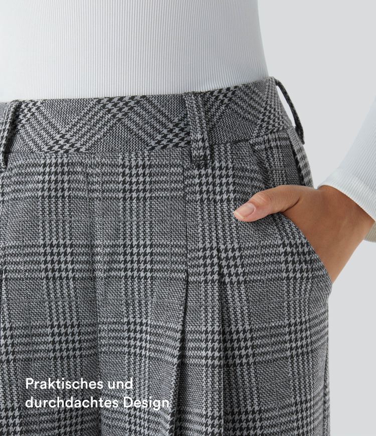 Lässige Hose mit hohem Bund, Seitentaschen, Karomuster und weitem Bein