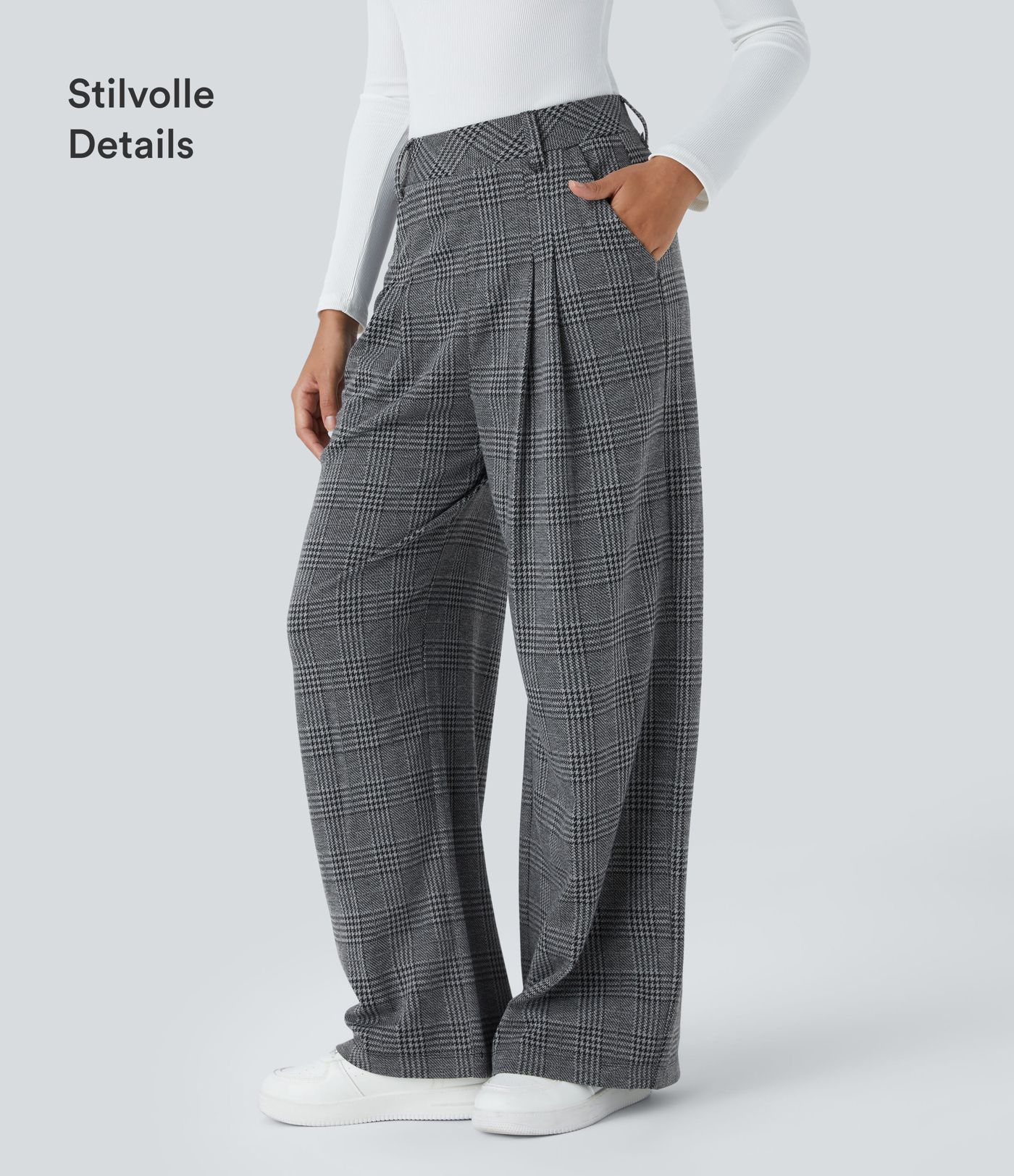 Lässige Hose mit hohem Bund, Seitentaschen, Karomuster und weitem Bein