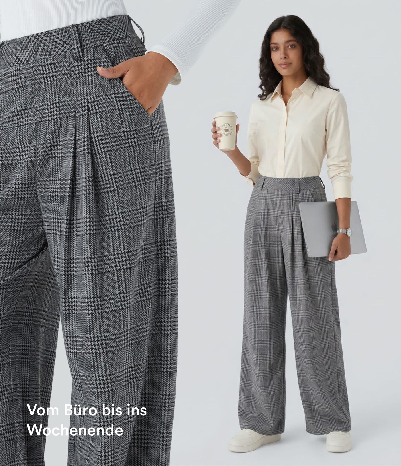 Lässige Hose mit hohem Bund, Seitentaschen, Karomuster und weitem Bein