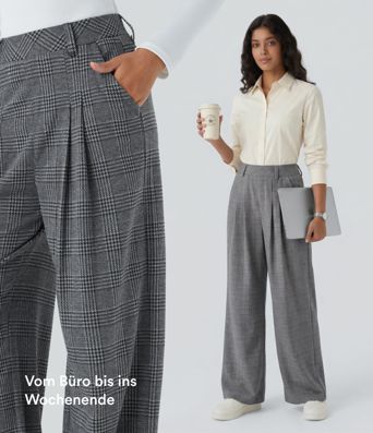 Lässige Hose mit hohem Bund, Seitentaschen, Karomuster und weitem Bein