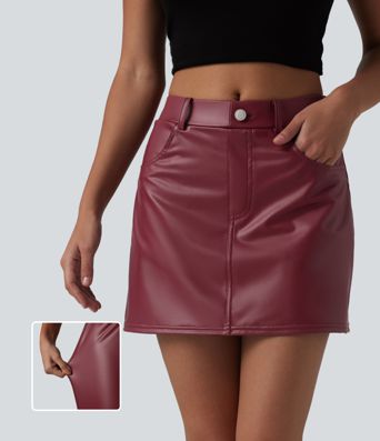 Mid Rise Stretchy PU Casual Skort with Pockets