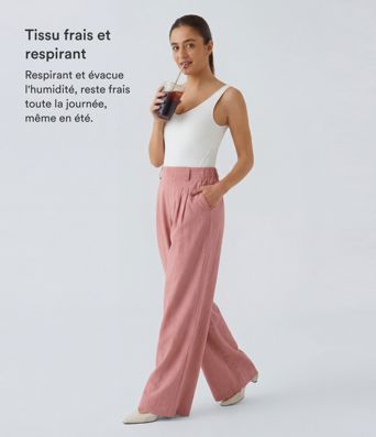 Pantalon Fluide Large Taille Haute Poches Latérales Palazzo Solide Casual Linen-Feel