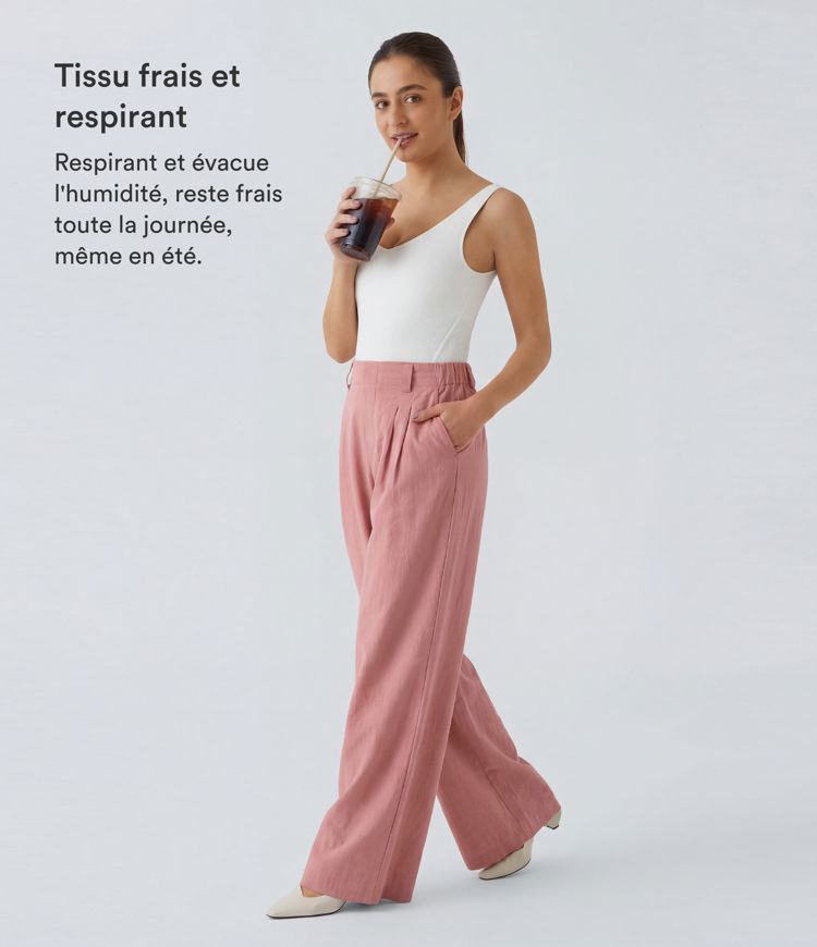 Pantalon Fluide Large Taille Haute Poches Latérales Palazzo Solide Casual Linen-Feel