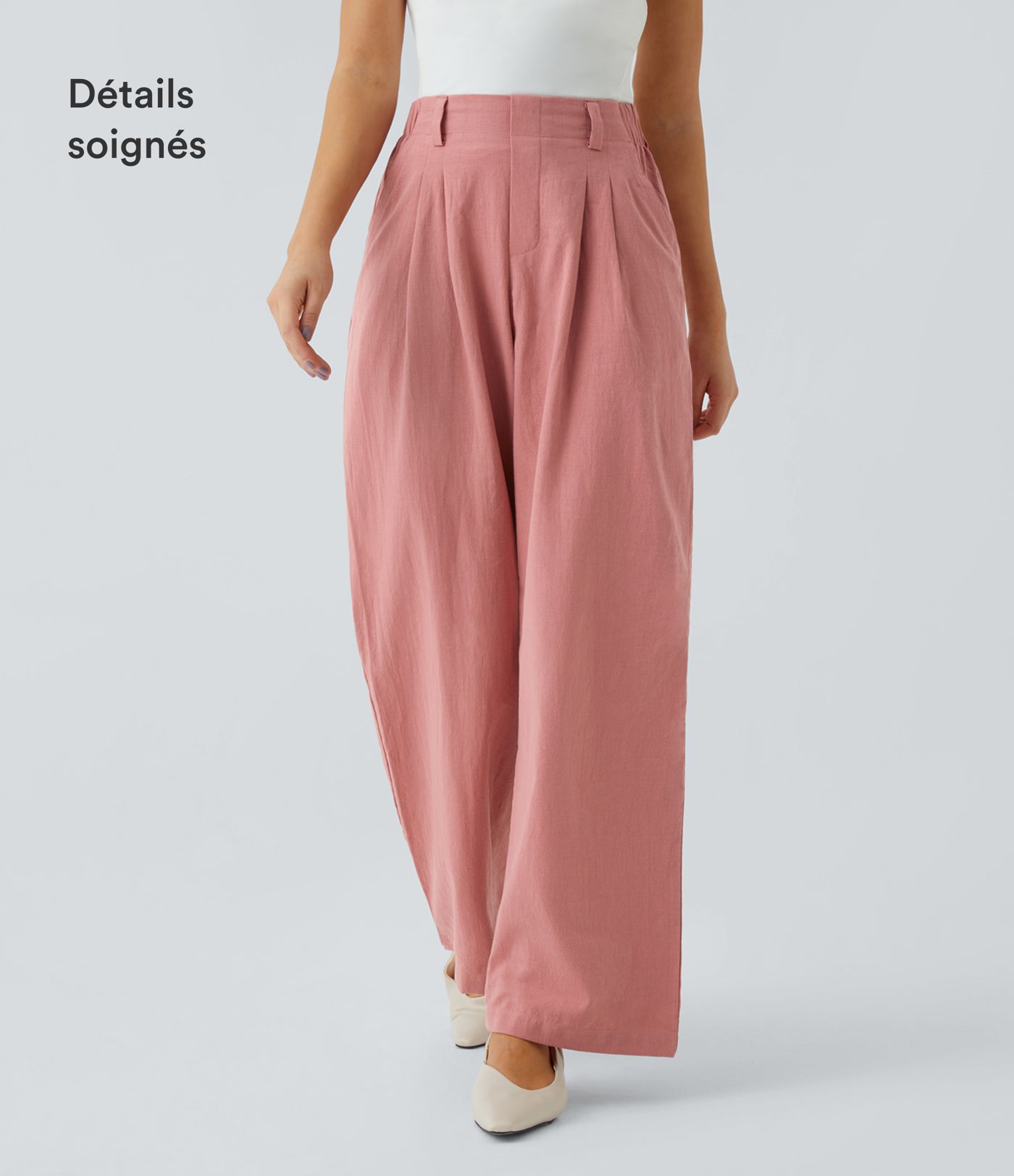 Pantalon Fluide Large Taille Haute Poches Latérales Palazzo Solide Casual Linen-Feel