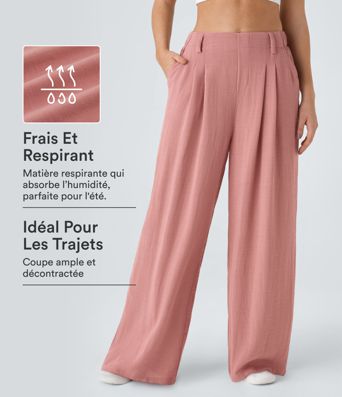 Pantalon Fluide Large Taille Haute Poches Latérales Palazzo Solide Casual Linen-Feel