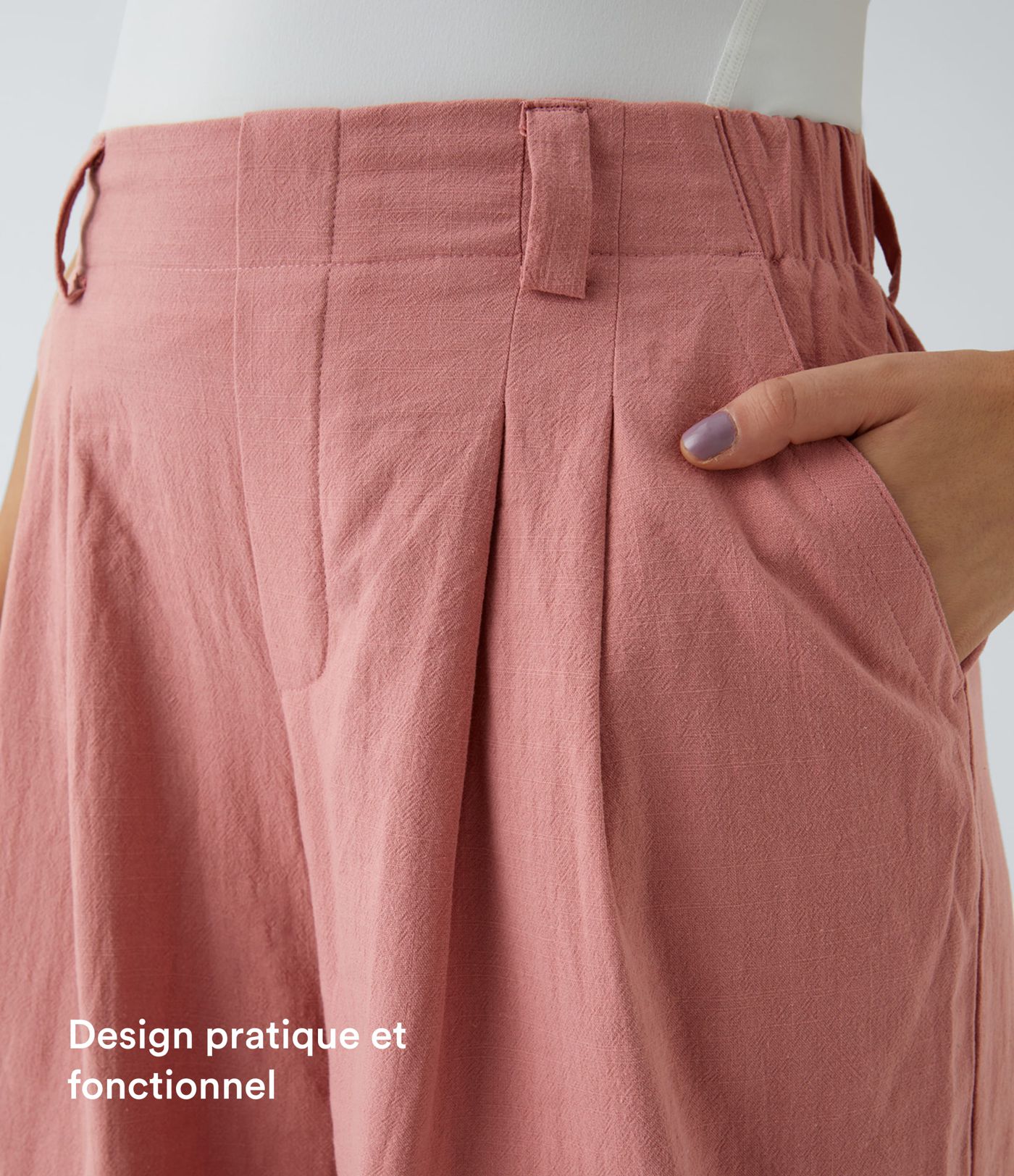 Pantalon Fluide Large Taille Haute Poches Latérales Palazzo Solide Casual Linen-Feel