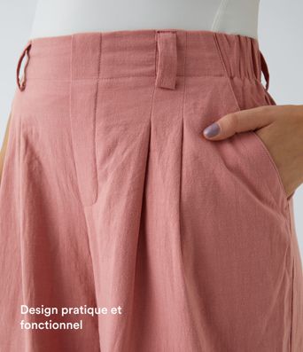 Pantalon Fluide Large Taille Haute Poches Latérales Palazzo Solide Casual Linen-Feel