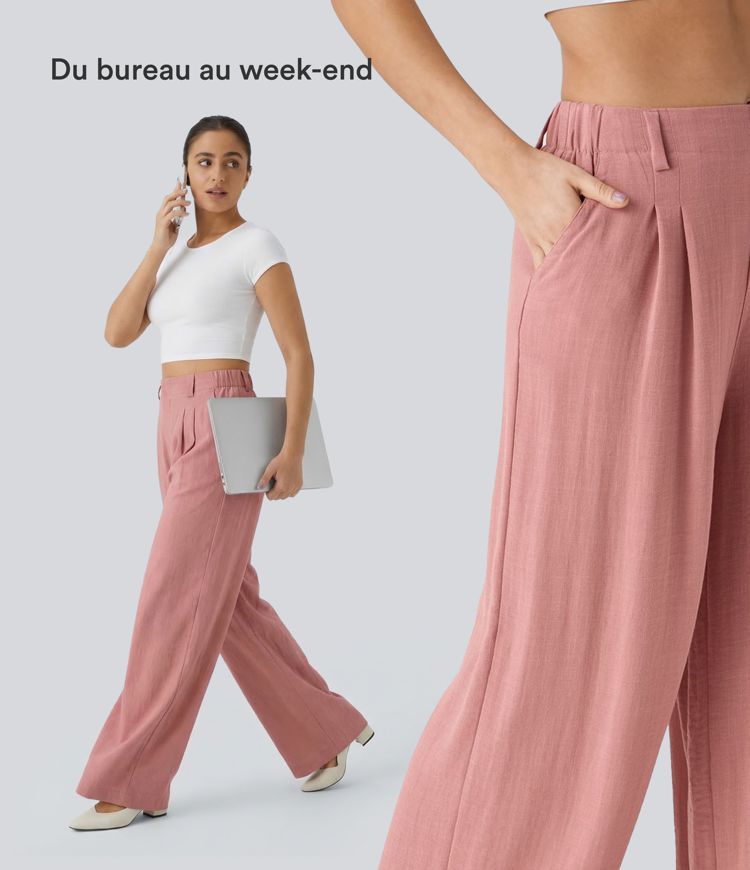 Pantalon Fluide Large Taille Haute Poches Latérales Palazzo Solide Casual Linen-Feel