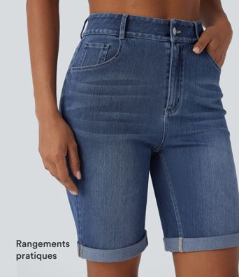 Bermuda décontracté en jean extensible délavé Halara Flex™ taille haute avec revers et multiples poches