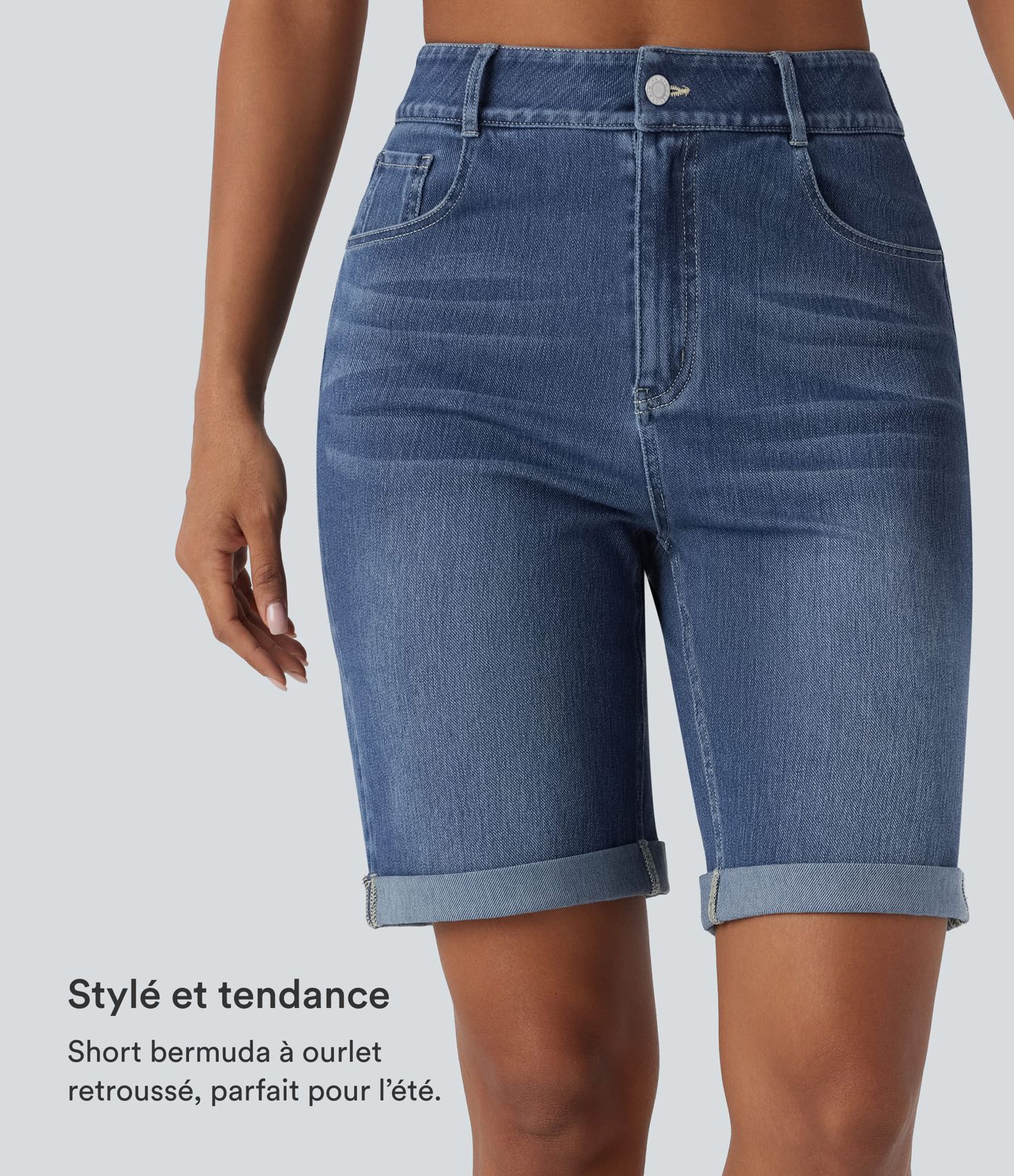 Bermuda décontracté en jean extensible délavé Halara Flex™ taille haute avec revers et multiples poches